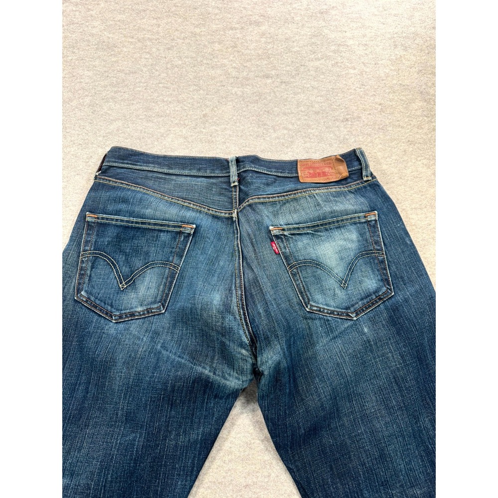 Levis 501 Jeans Mens 36x32 Blue Whiskered Denim Straight Leg Dark Wash Logo - Picture 8 of 15